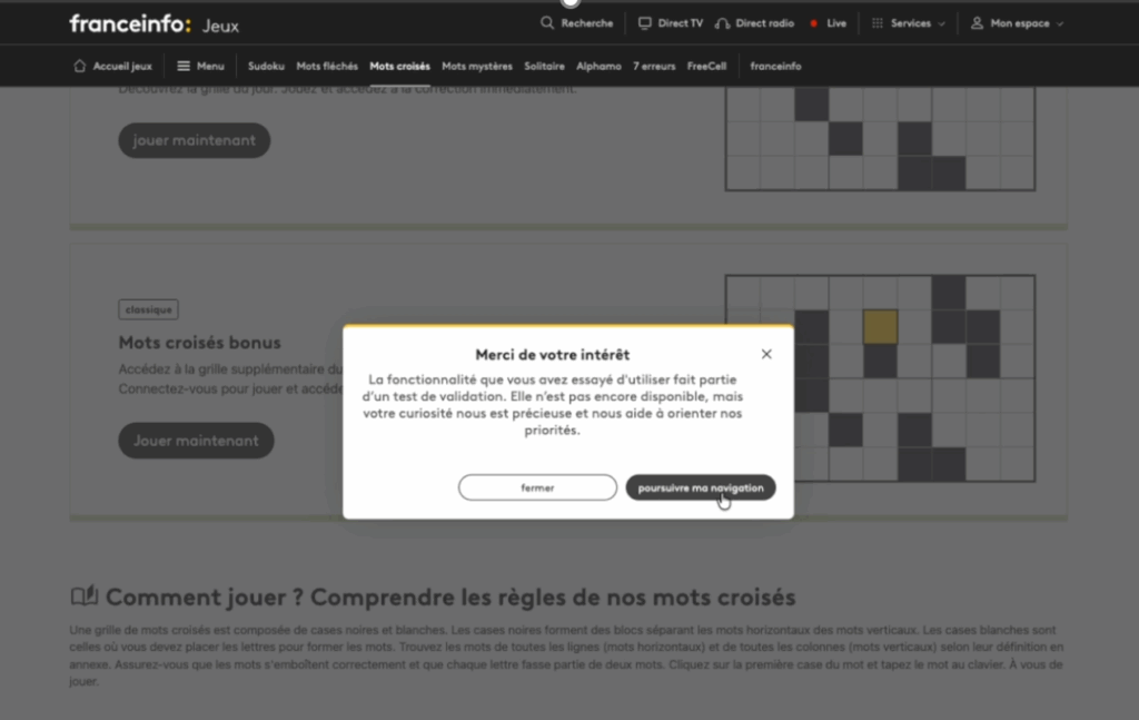 pop up fonctionnalité pas disponible